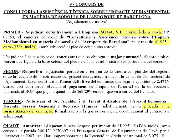 Acta de la Junta de Govern Local de Gav&agrave; adjudicant el concurs sobre l'assesoria de l'aeroport (24 d'abril de 2007)